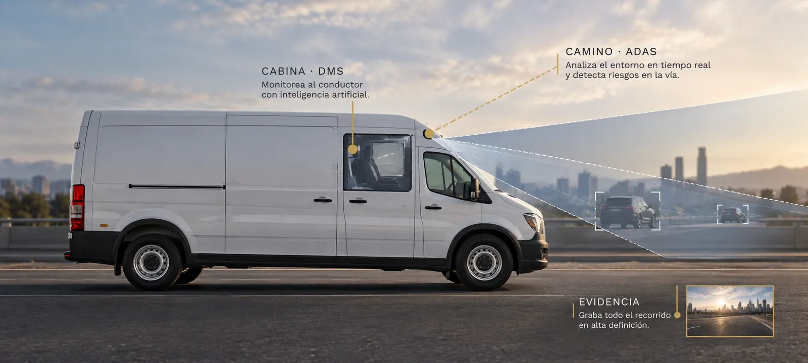 Camioneta de reparto con la doble cobertura de cámaras señalada: cabina con DMS, camino con ADAS y evidencia grabada en alta definición