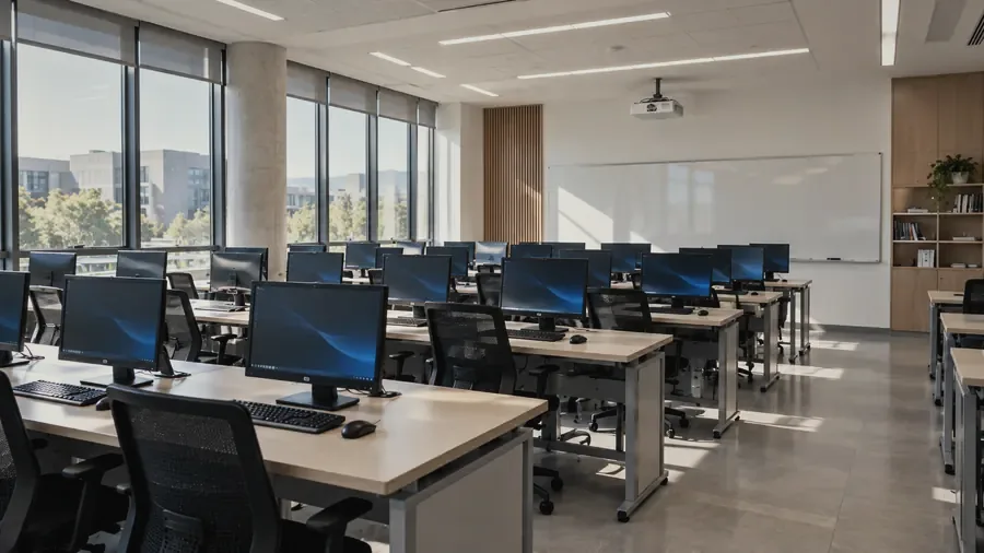 Aula de cómputo moderna con equipos encendidos