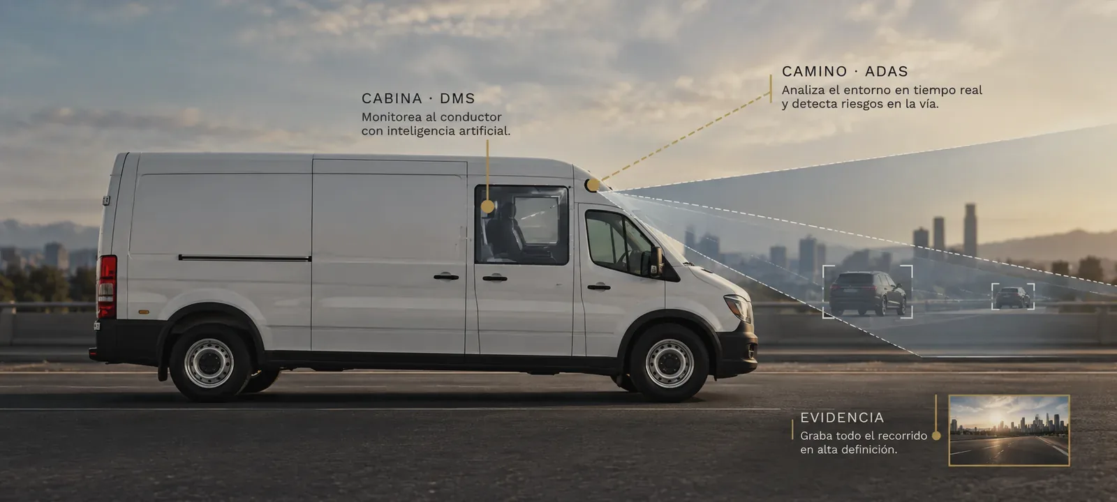 Camioneta de reparto con la doble cobertura de cámaras señalada: cabina con DMS, camino con ADAS y evidencia grabada en alta definición