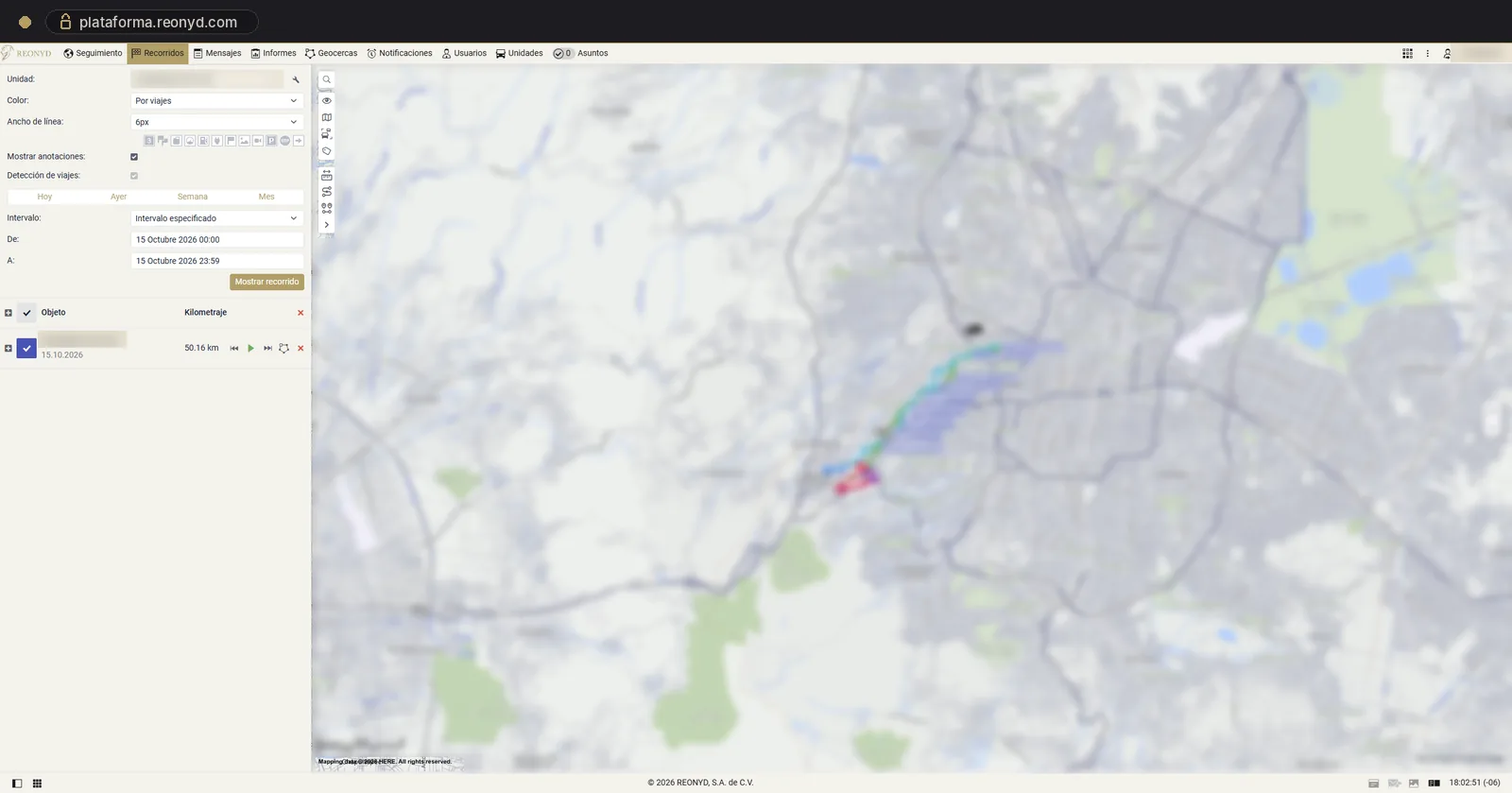 Pantalla de recorridos: periodo seleccionado y trayecto de la unidad sobre el mapa