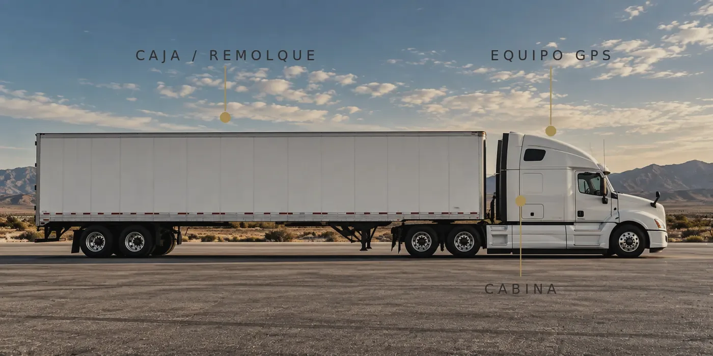 Tractocamión de perfil con los puntos clave señalados en dorado: caja o remolque, cabina y equipo GPS