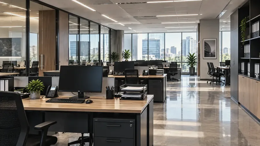 Oficina gubernamental moderna con estaciones de trabajo
