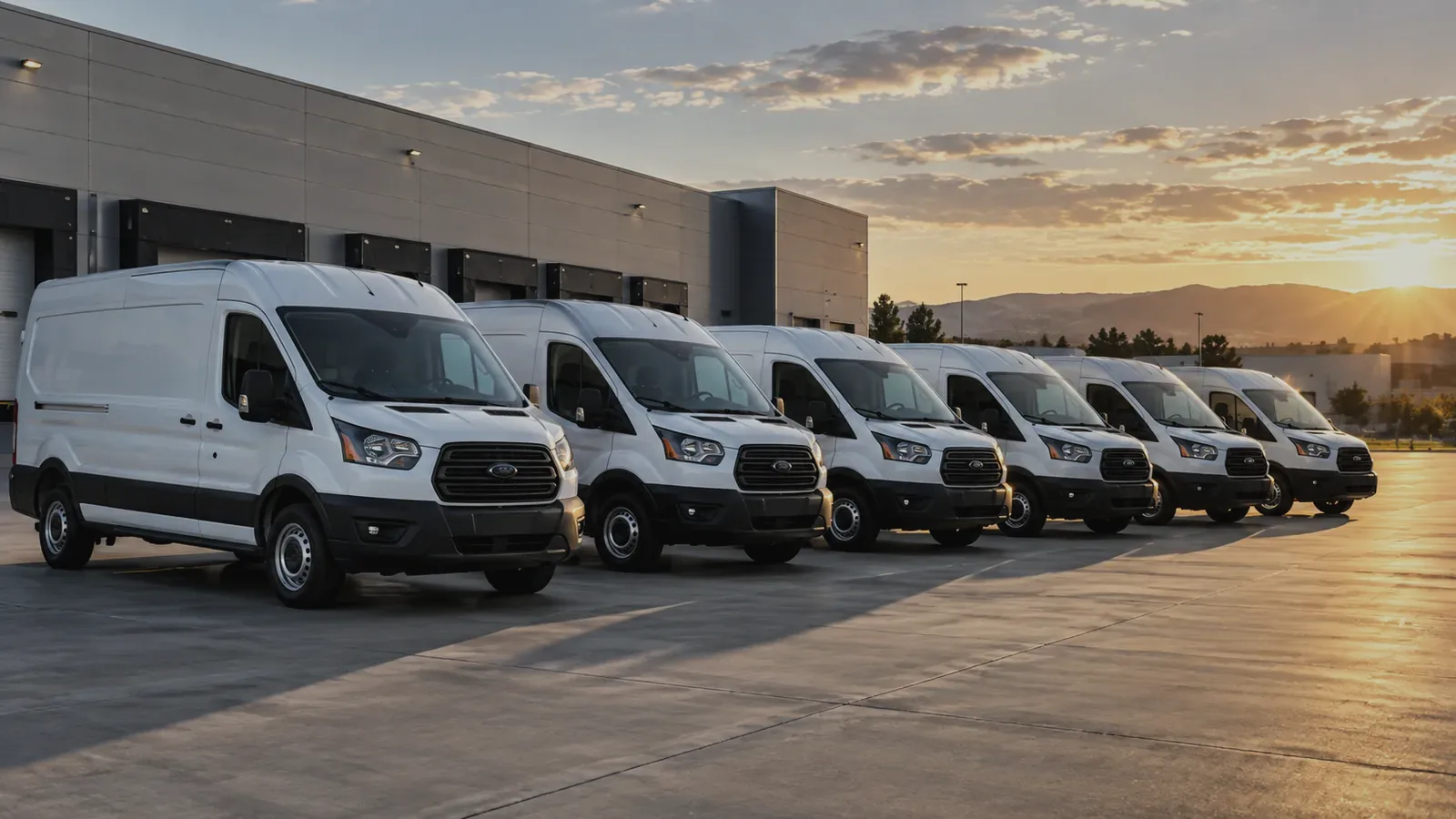 Seis camionetas de reparto blancas alineadas en el patio de un centro de distribución al amanecer