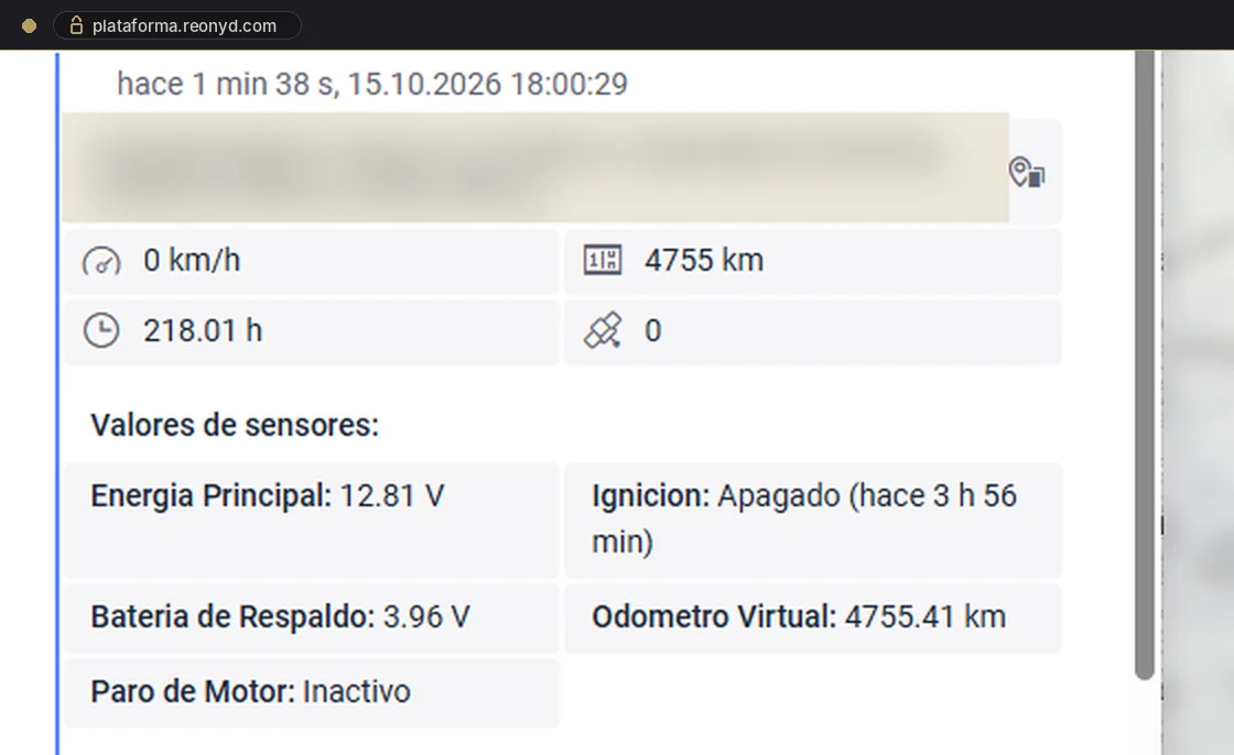 Detalle de una unidad: velocidad, kilometraje, horas de motor y valores de sensores