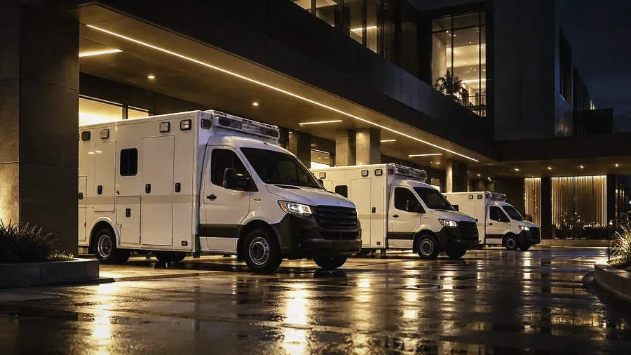 Ambulancias estacionadas frente a la entrada de un hospital, de noche