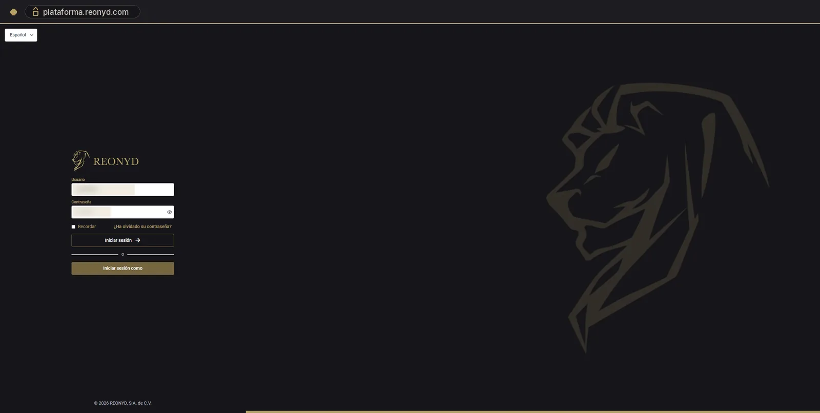 Pantalla de acceso de la Plataforma REONYD, con el león dorado de la marca