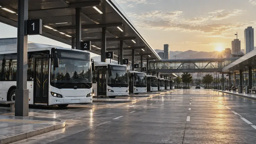 Estación de transporte público con autobuses blancos alineados