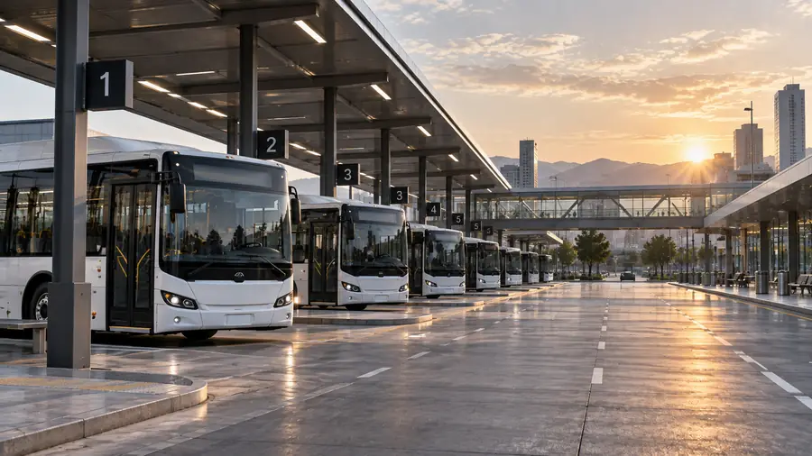 Estación de transporte público con autobuses blancos alineados