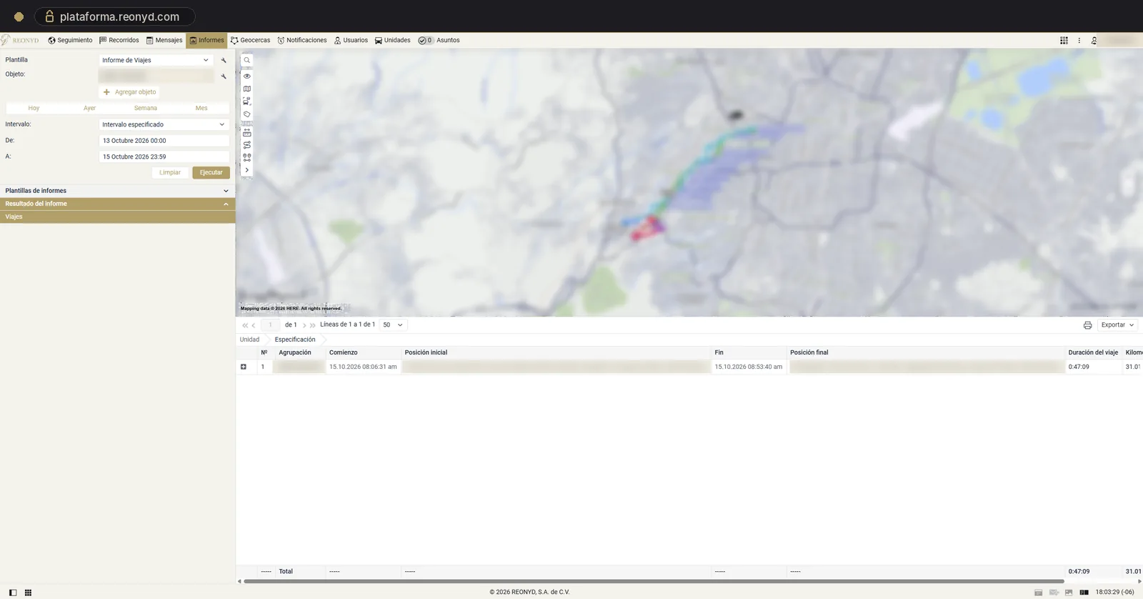 Pantalla de informes: informe de viajes con mapa y tabla de resultados exportable
